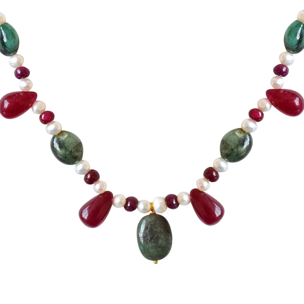 Real Oval Green Emerald, Red Drop Ruby & Beads & Freshwater Pearl Necklace Earring Set for Women (SN689)