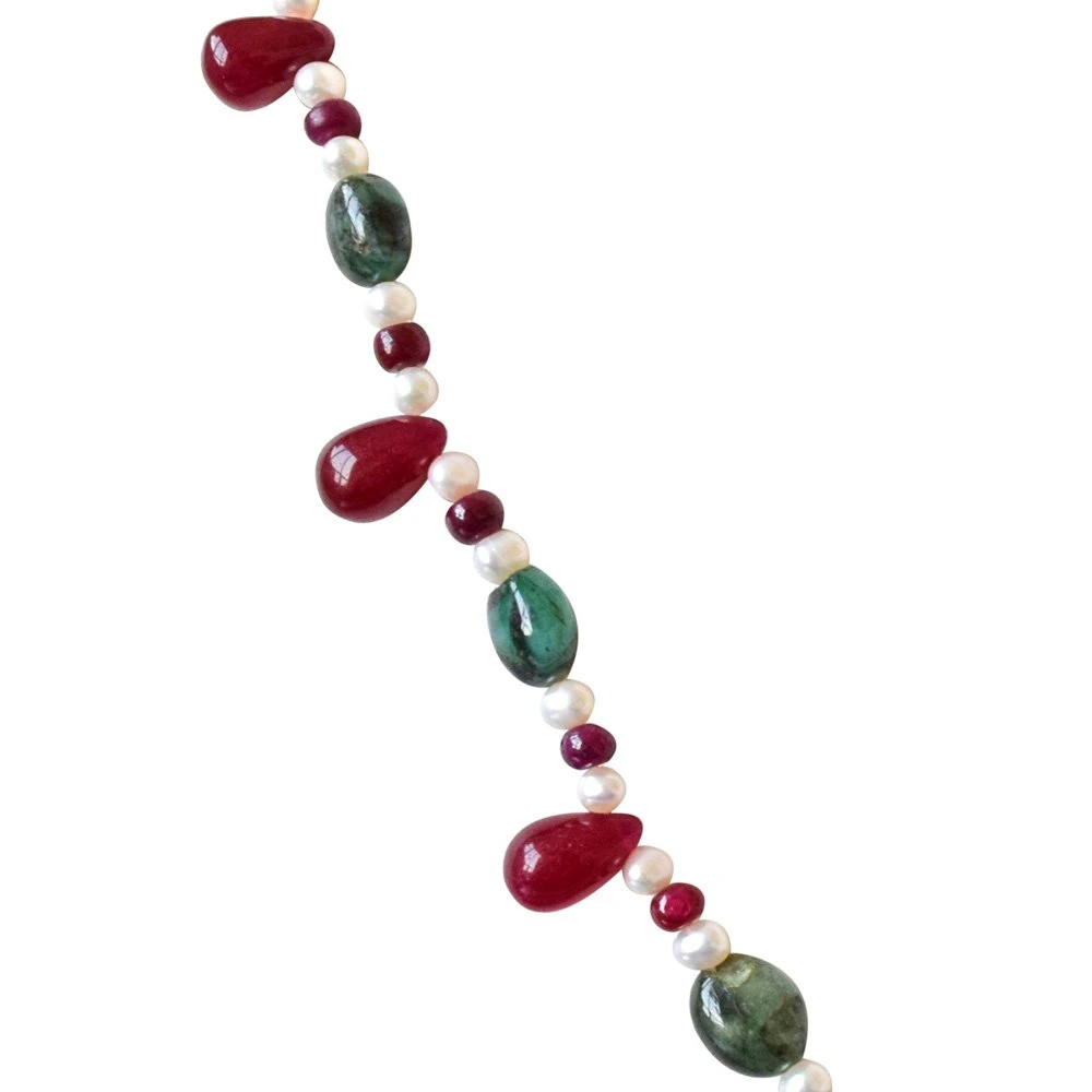 Real Oval Green Emerald, Red Drop Ruby & Beads & Freshwater Pearl Necklace Earring Set for Women (SN689)