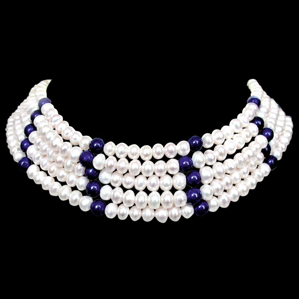 Glint - 5 Line Real Freshwater Pearl & Blue Lapiz Beads Choker Necklace for Women (SN68)