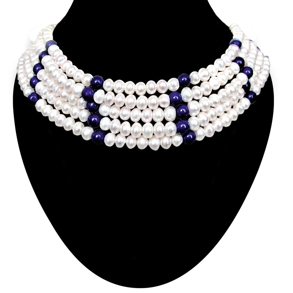 Glint - 5 Line Real Freshwater Pearl & Blue Lapiz Beads Choker Necklace for Women (SN68)