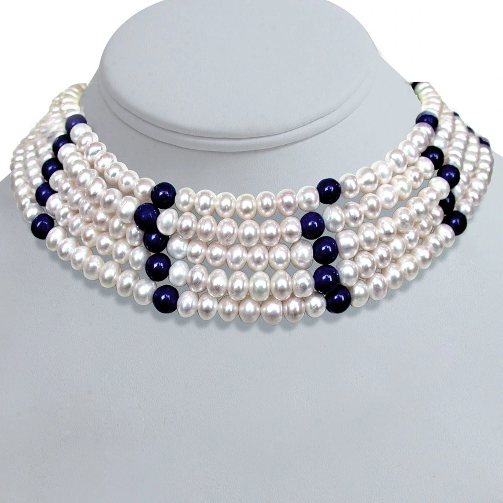 Glint - 5 Line Real Freshwater Pearl & Blue Lapiz Beads Choker Necklace for Women (SN68)