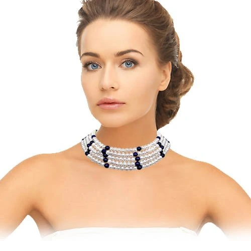 Glint - 5 Line Real Freshwater Pearl & Blue Lapiz Beads Choker Necklace for Women (SN68)