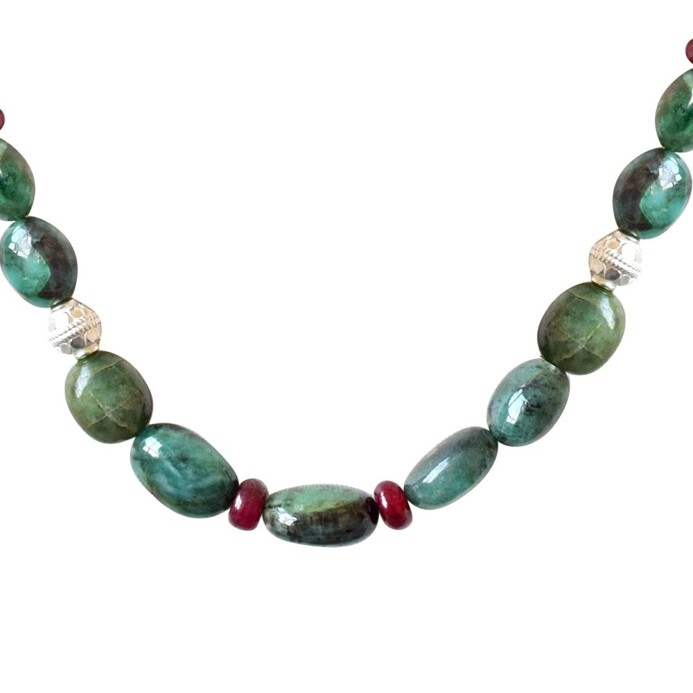 Single Line Real Oval Green Emerald, Red Ruby Beads & Silver Plated Ball Necklace for Women (SN690)