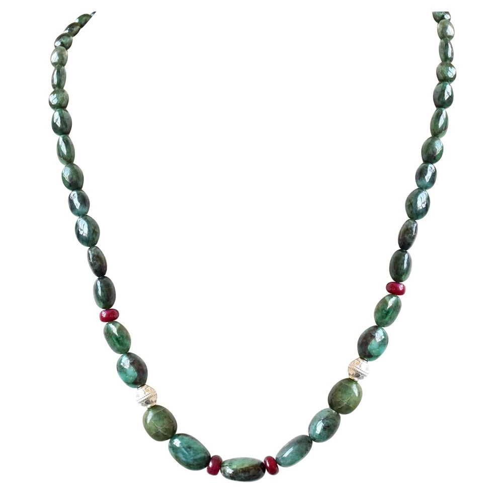 Single Line Real Oval Green Emerald, Red Ruby Beads & Silver Plated Ball Necklace for Women (SN690)