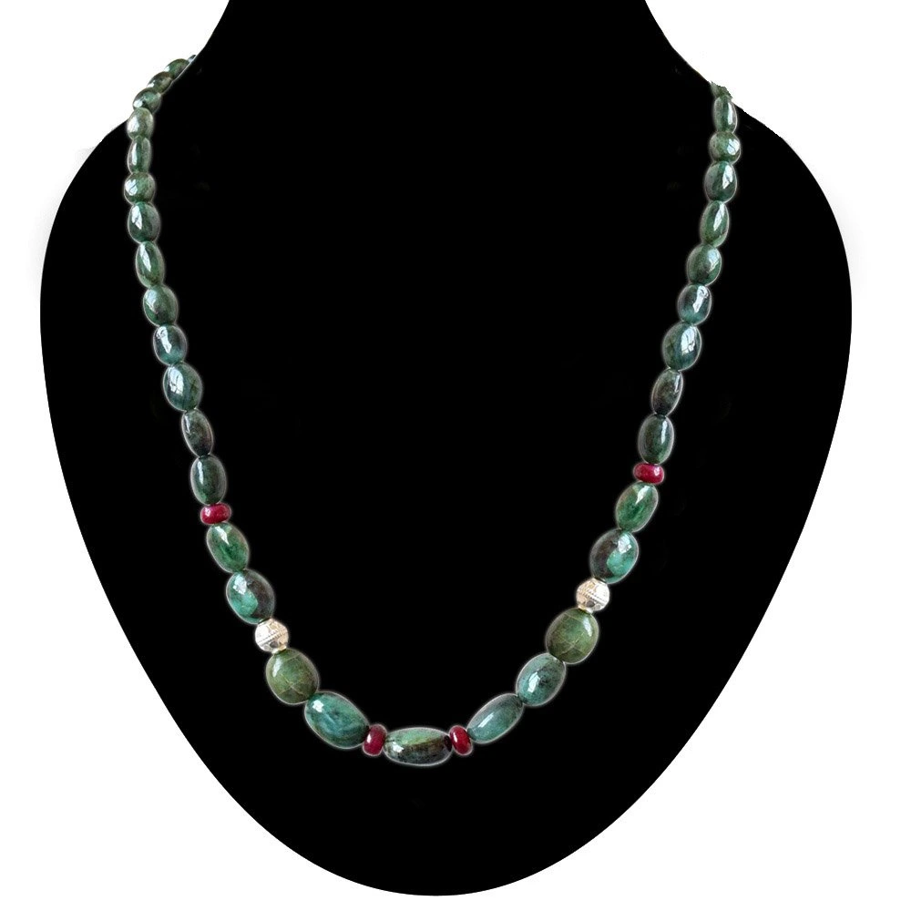 Single Line Real Oval Green Emerald, Red Ruby Beads & Silver Plated Ball Necklace for Women (SN690)