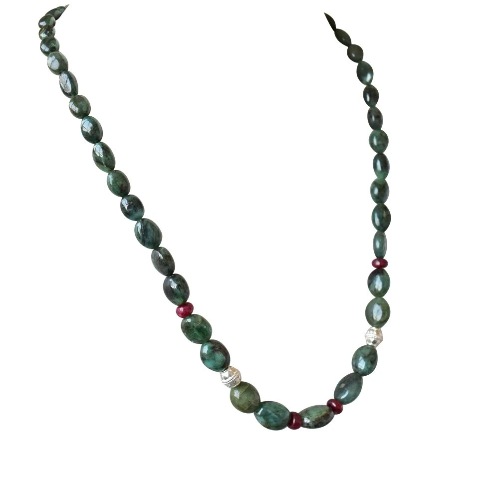 Single Line Real Oval Green Emerald, Red Ruby Beads & Silver Plated Ball Necklace for Women (SN690)