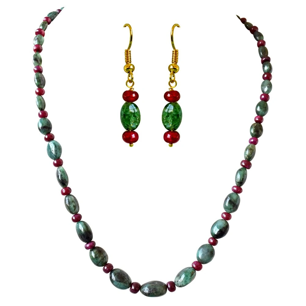 Real Oval Green Emerald & Red Ruby Beads Necklace Earring Set for Women (SN691)