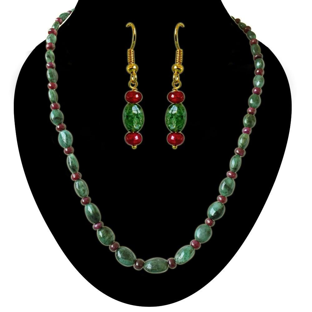 Real Oval Green Emerald & Red Ruby Beads Necklace Earring Set for Women (SN691)