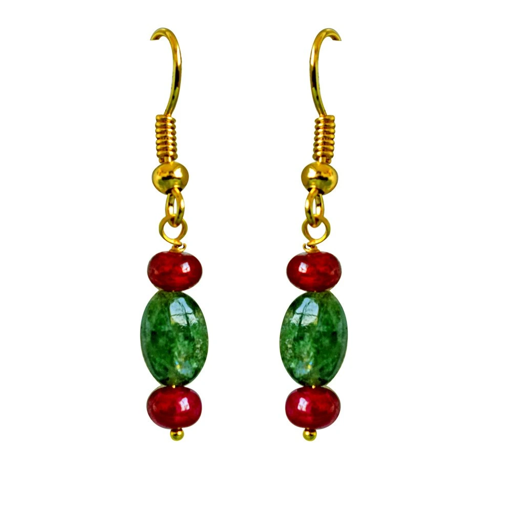 Real Oval Green Emerald & Red Ruby Beads Necklace Earring Set for Women (SN691)