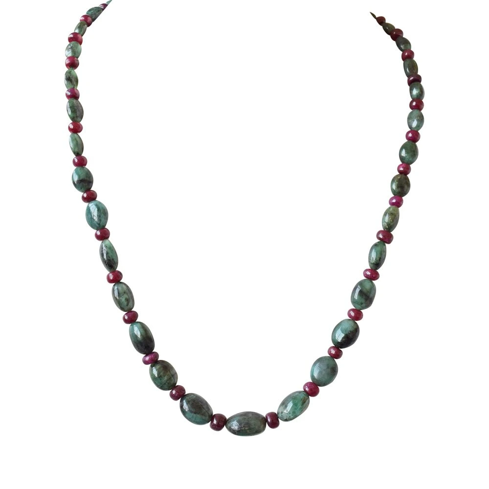 Real Oval Green Emerald & Red Ruby Beads Necklace Earring Set for Women (SN691)