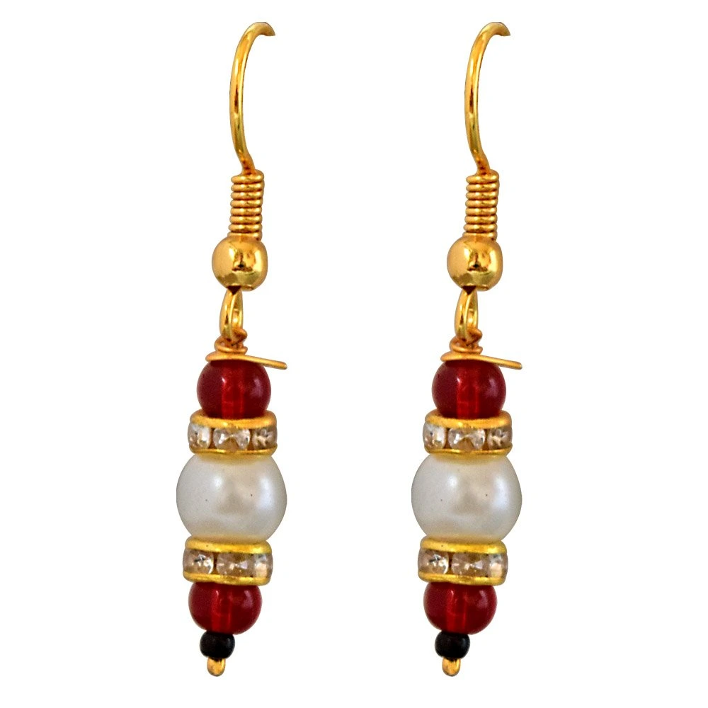 Geometrical Shaped Gold Plated Pendants, Red Stone & Shell Pearl Necklace Earrings Set
