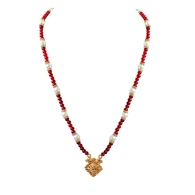 Geometrical Shaped Gold Plated Pendant, Red Stone & Shell Pearl Necklace Earring Set (SN695)