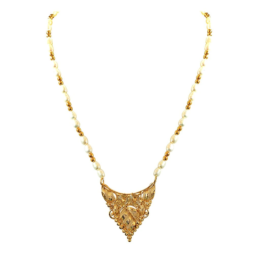 Traditionally Designed Gold Plated Pendant, Real Rice Pearl & Gold Plated Beads Necklace with Pearl Studs (SN702)