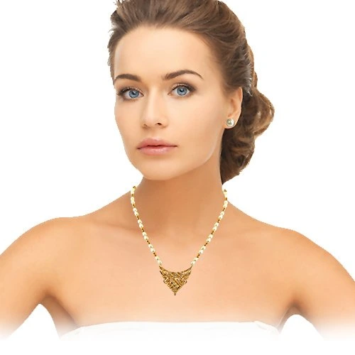 Traditionally Designed Gold Plated Pendant, Real Rice Pearl & Gold Plated Beads Necklace with Pearl Studs (SN702)