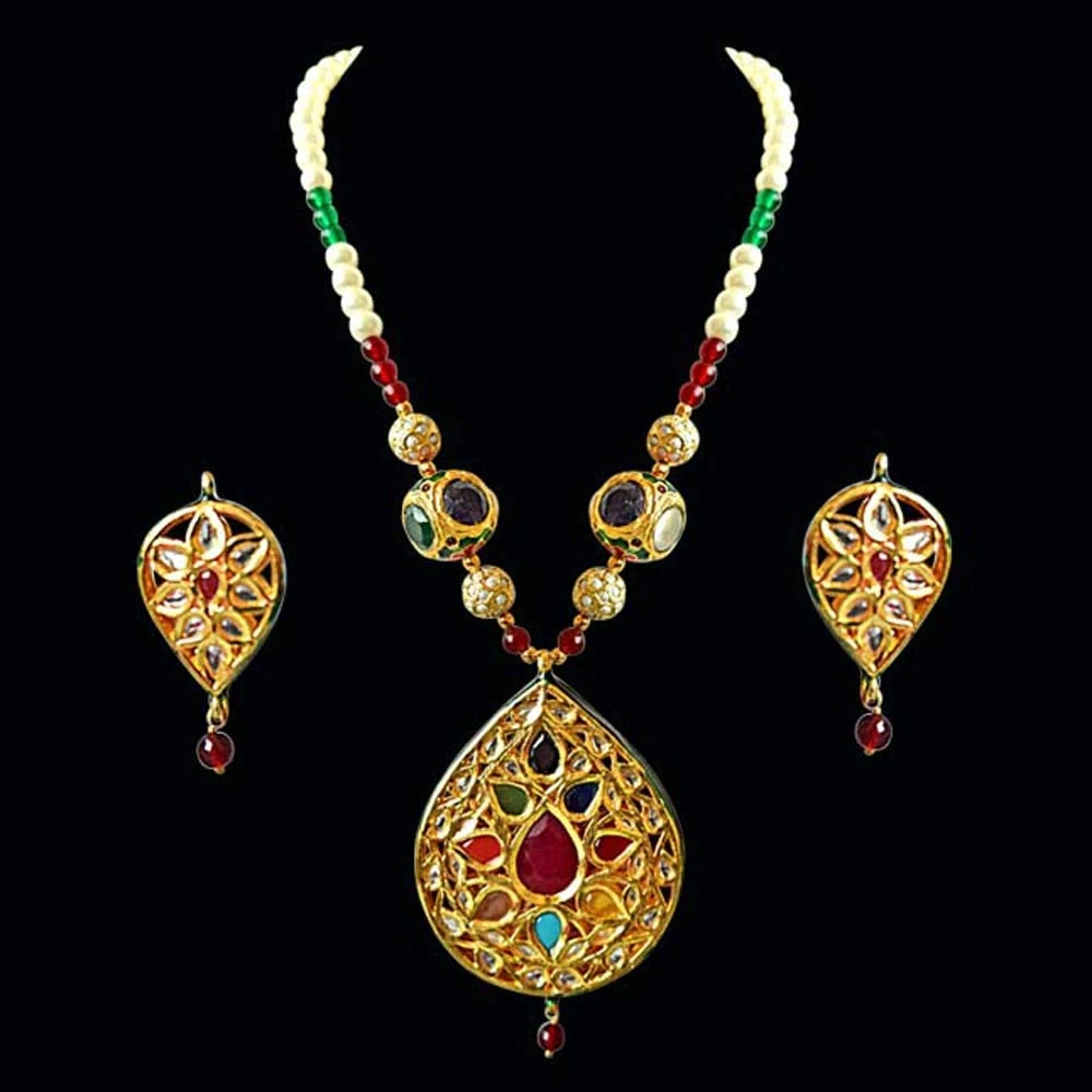 Drop Shaped Big Gold Plated Motif, Shell Pearl & Coloured Stone Necklace Set (SN711)