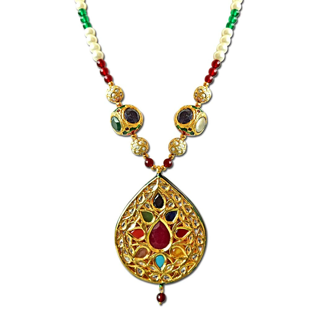 Drop Shaped Big Gold Plated Motif, Shell Pearl & Coloured Stone Necklace Set (SN711)