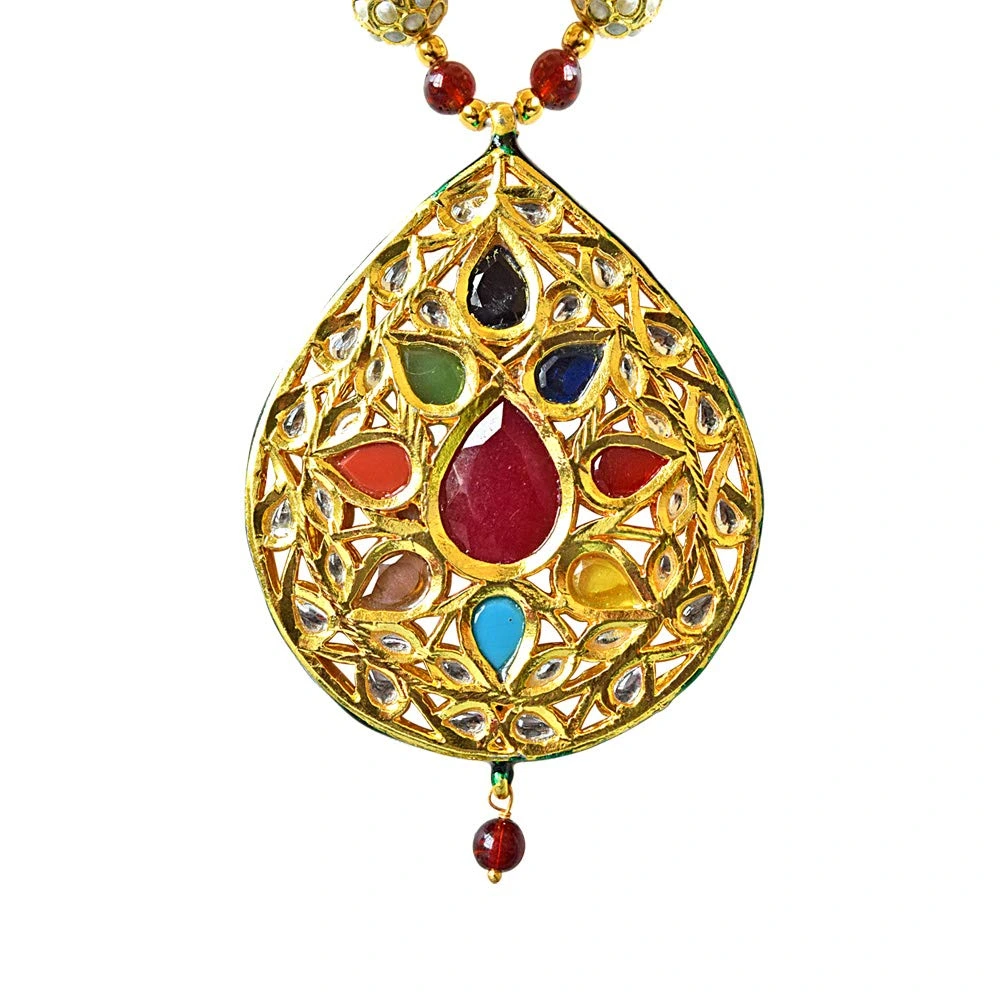 Drop Shaped Big Gold Plated Motif, Shell Pearl & Coloured Stone Necklace Set (SN711)