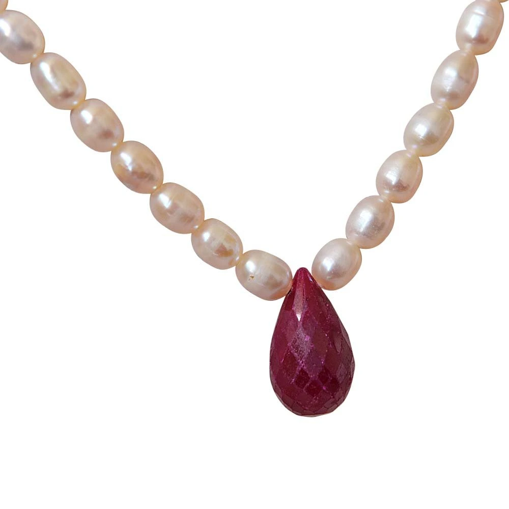 Single Line Faceted Big 13ct Solitaire Drop Ruby & Rice Pearl Necklace -Ruby+Pearl