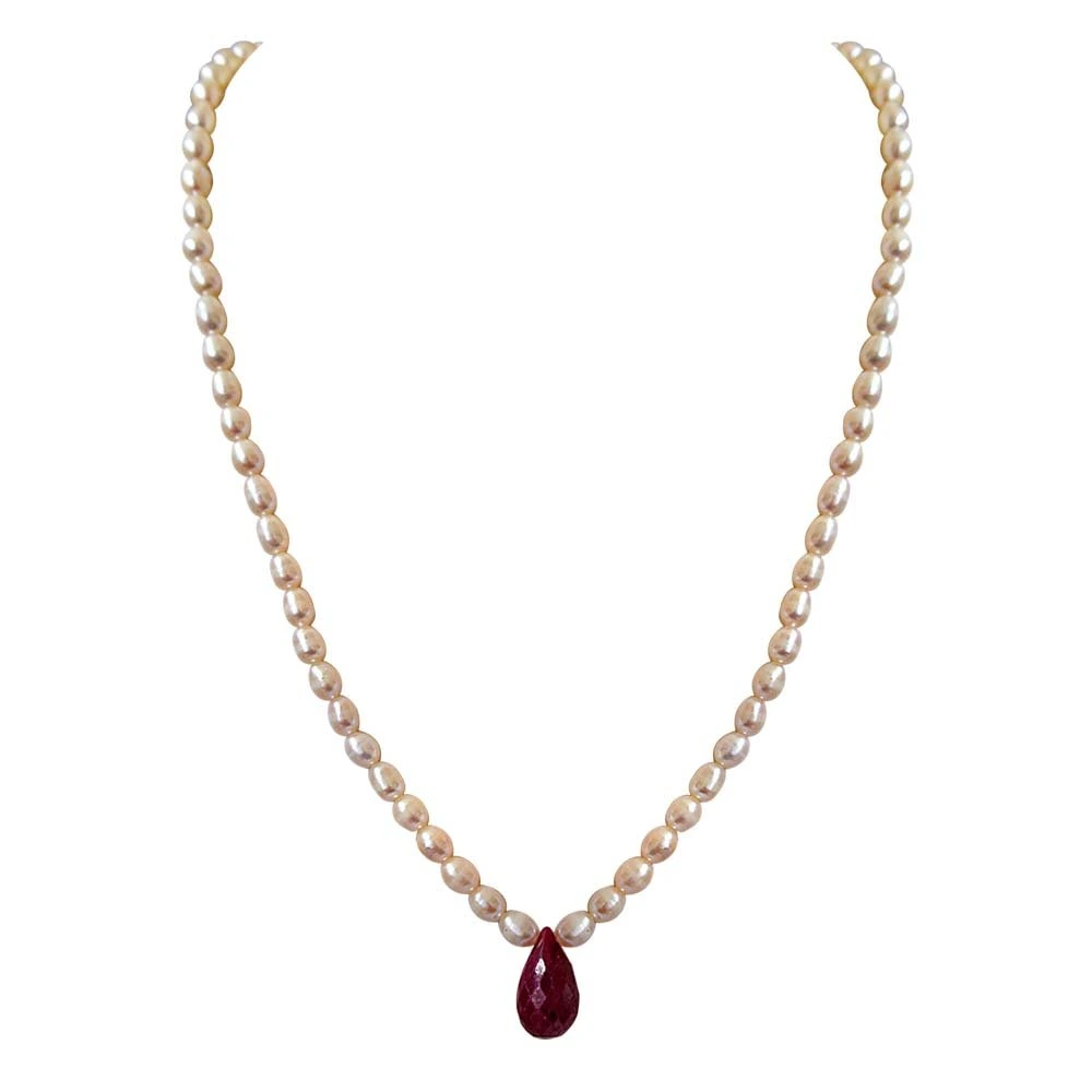 Single Line Faceted  Big 13ct Solitaire Drop Ruby & Rice Pearl Necklace