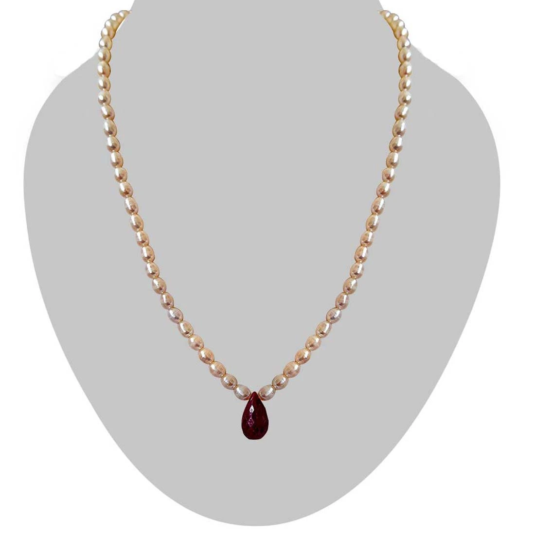 Single Line Faceted Big 13ct Solitaire Drop Ruby & Rice Pearl Necklace -Ruby+Pearl