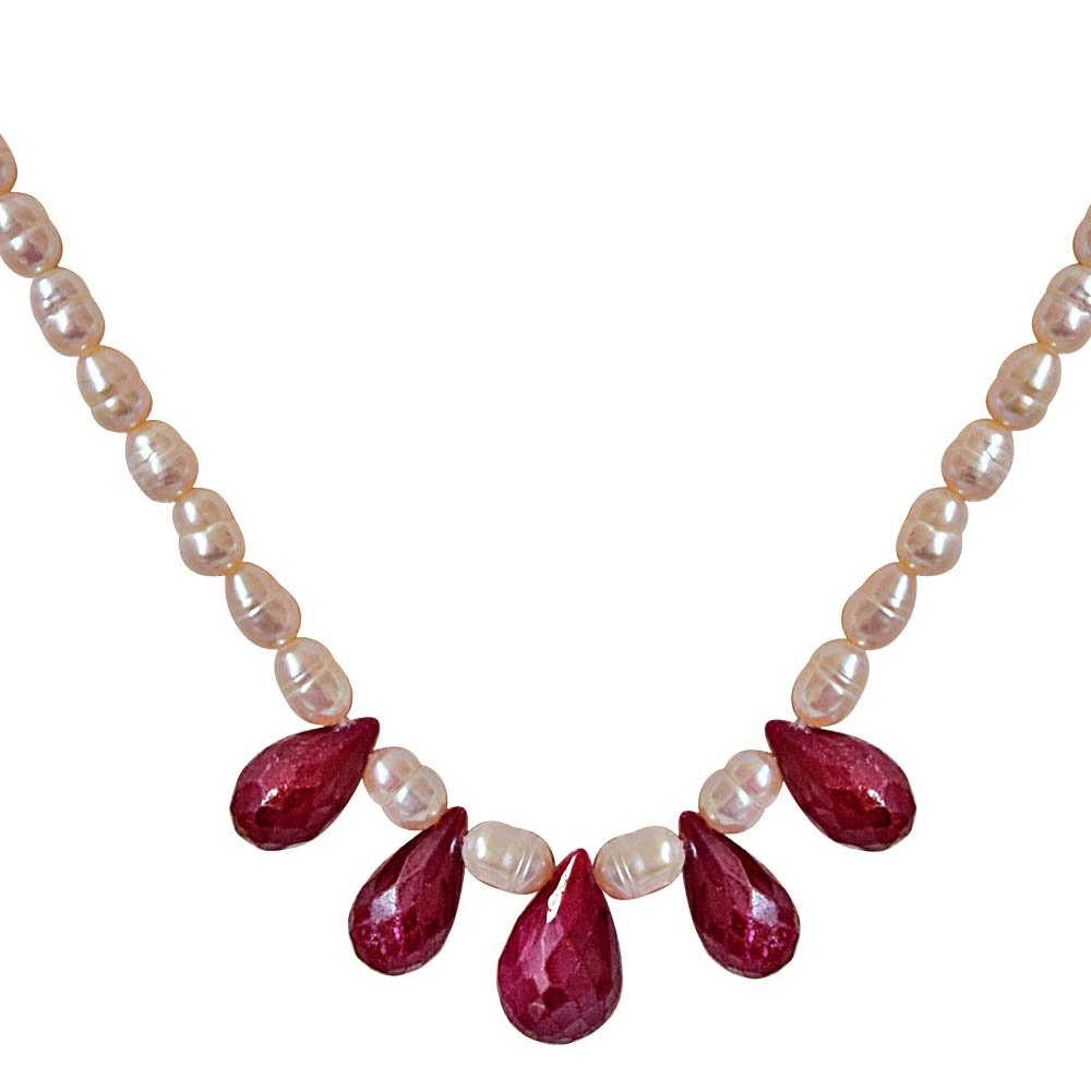 5 Faceted Drop Ruby & Rice Pearl Necklace for Women (SN716)