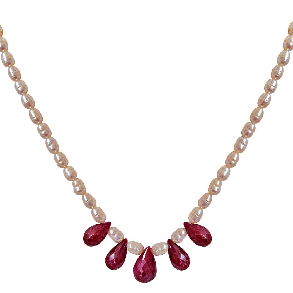 5 Faceted Drop Ruby & Rice Pearl Necklace for Women (SN716)