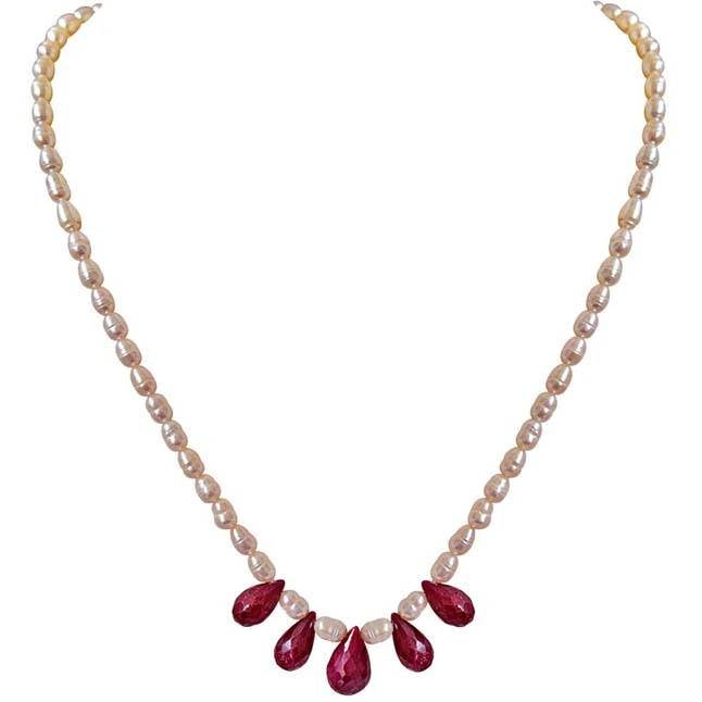 5 Faceted Drop Ruby & Rice Pearl Necklace for Women (SN716)