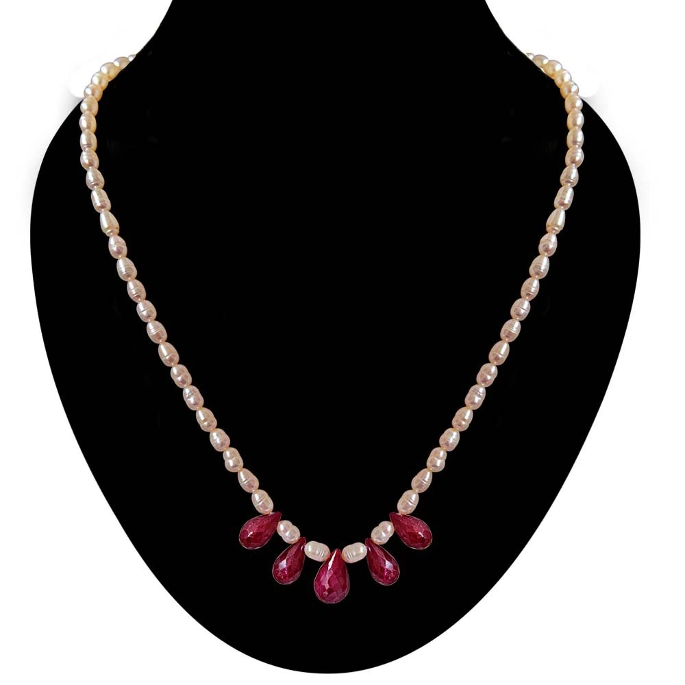 5 Faceted Drop Ruby & Rice Pearl Necklace for Women (SN716)