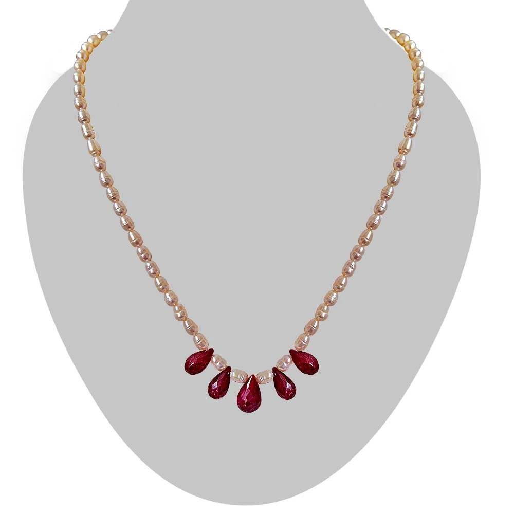 5 Faceted Drop Ruby & Rice Pearl Necklace for Women (SN716)