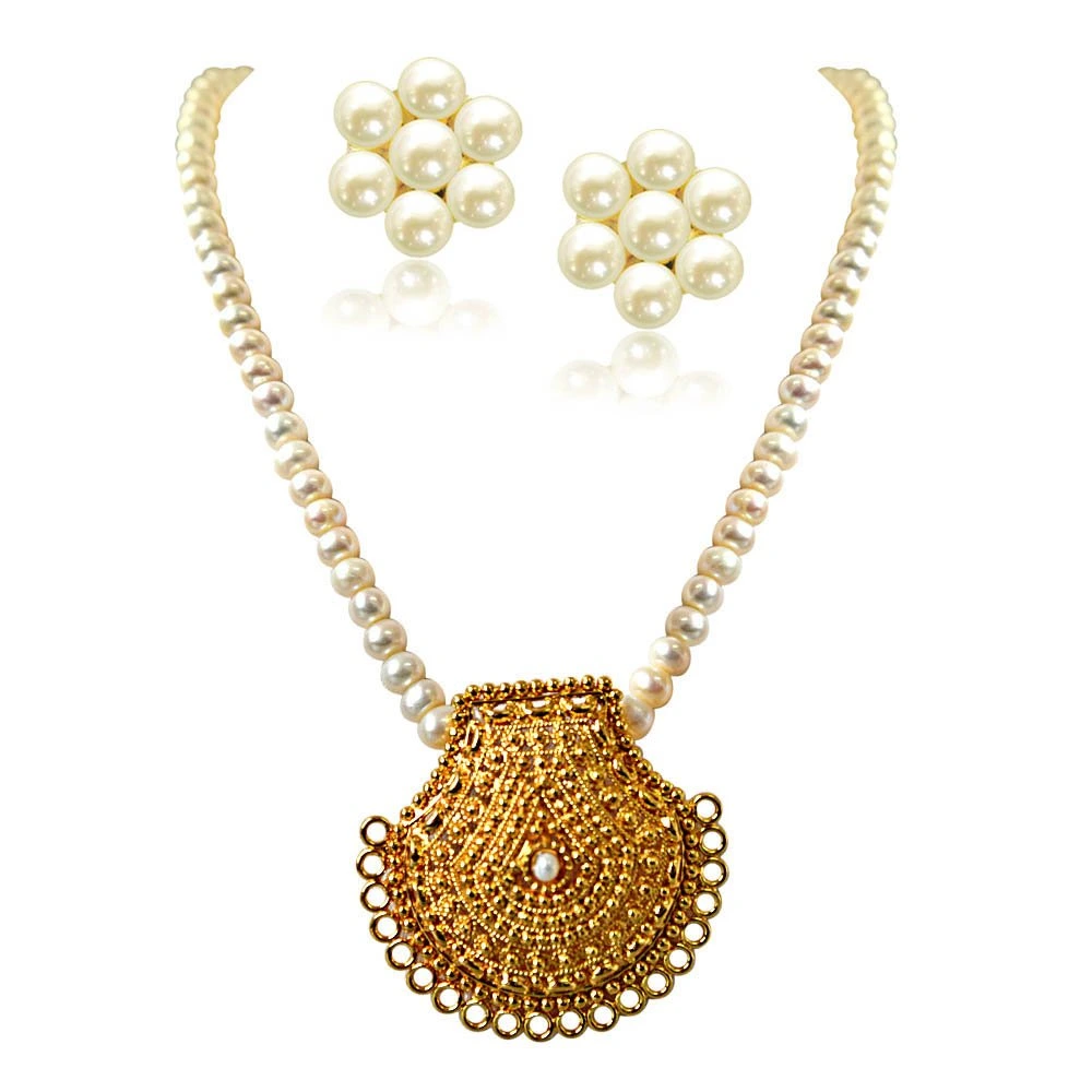 My Sunshine Gold Plated Pendant & Single Line Real Pearl Necklace with Kuda Jodi Earrings for Women (SN719)