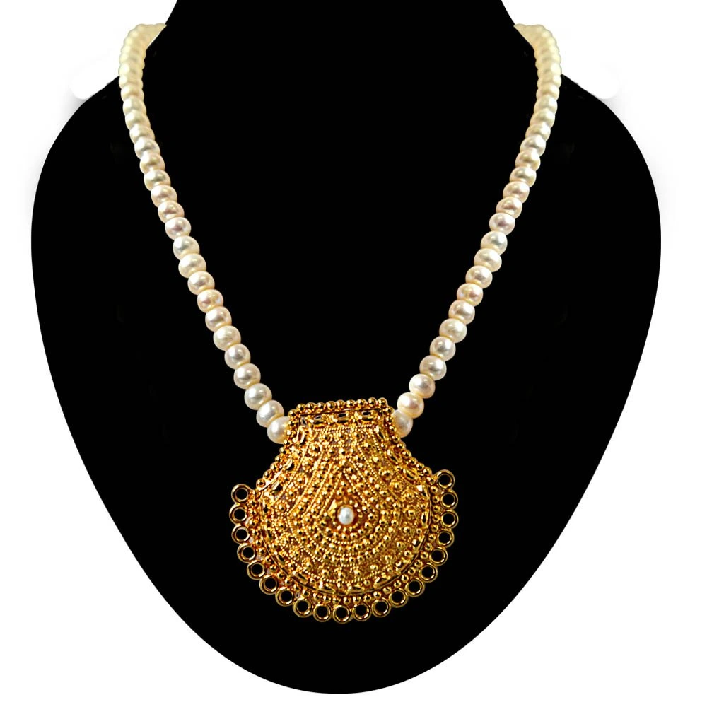 My Sunshine Gold Plated Pendant & Single Line Real Pearl Necklace with Kuda Jodi Earrings for Women (SN719)