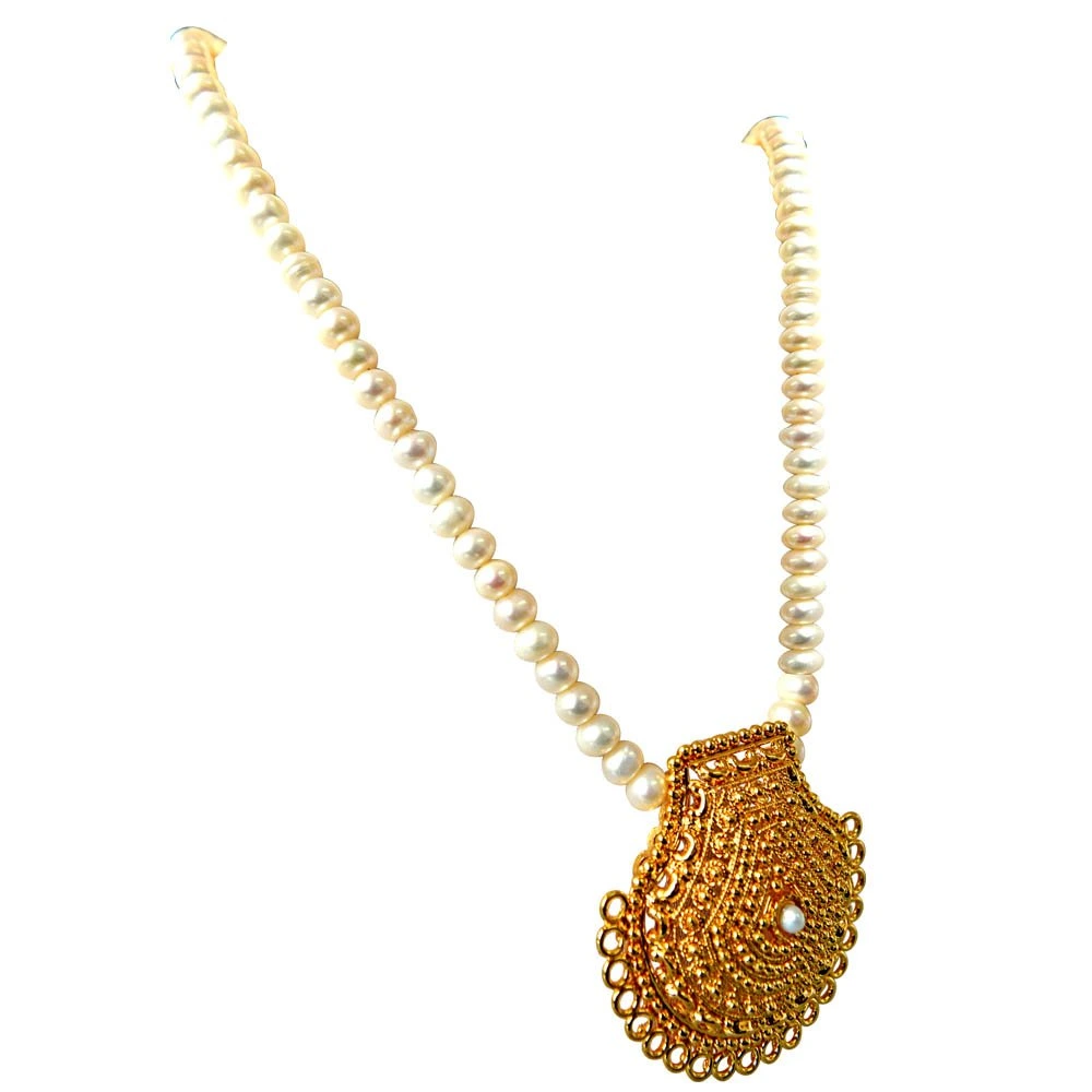 My Sunshine Gold Plated Pendant & Single Line Real Pearl Necklace with Kuda Jodi Earrings for Women (SN719)