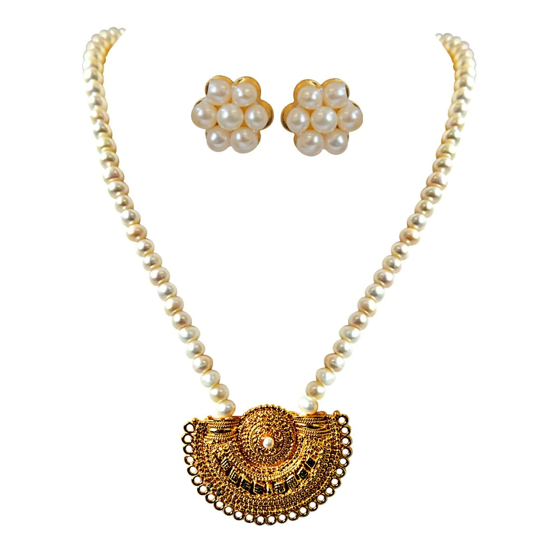 Gateway of Women's Heart - Gold Plated Pendant & Single Line Real Pearl Necklace with Kuda Jodi Earrings for Women (SN721)