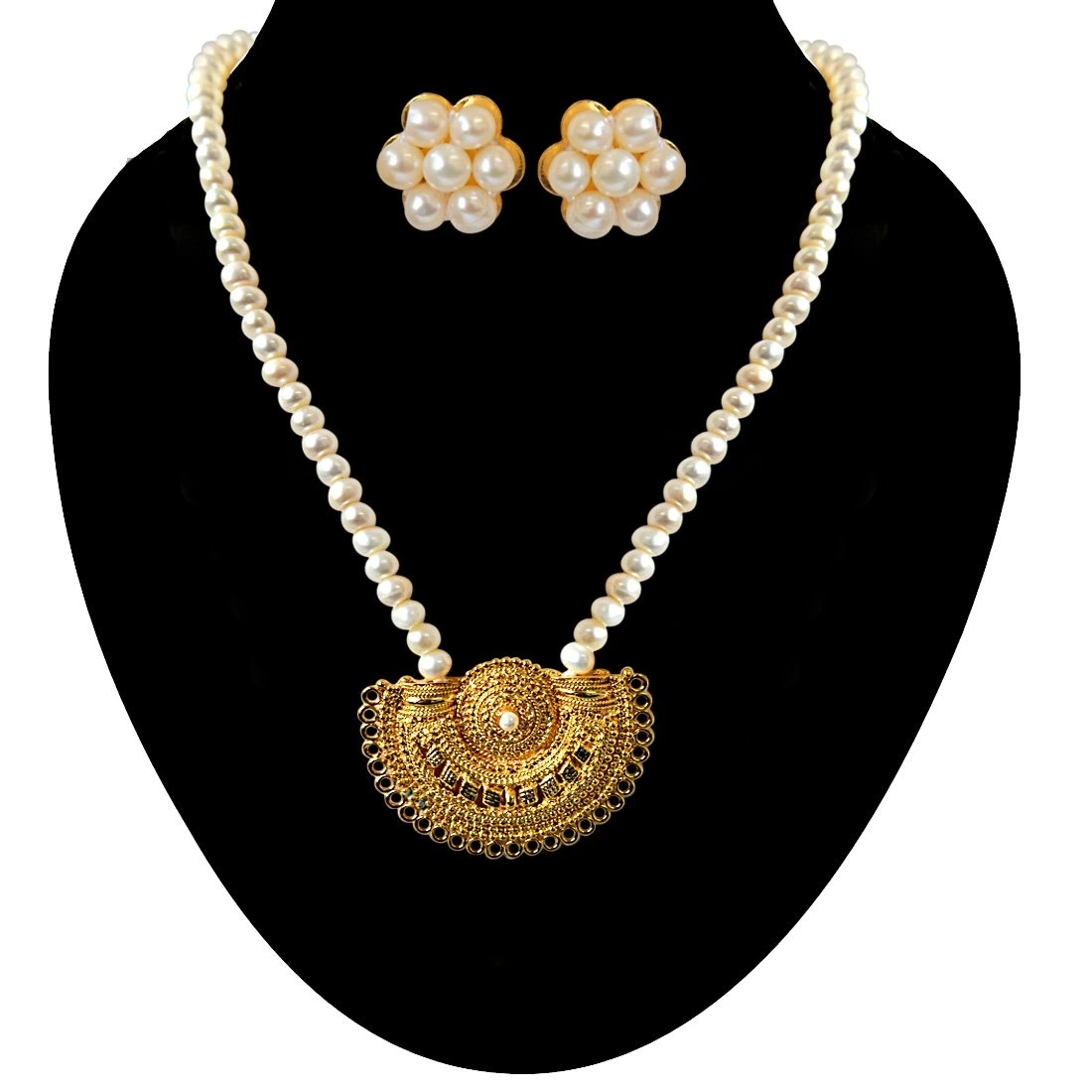 Gateway of Women's Heart - Gold Plated Pendant & Single Line Real Pearl Necklace with Kuda Jodi Earrings for Women (SN721)