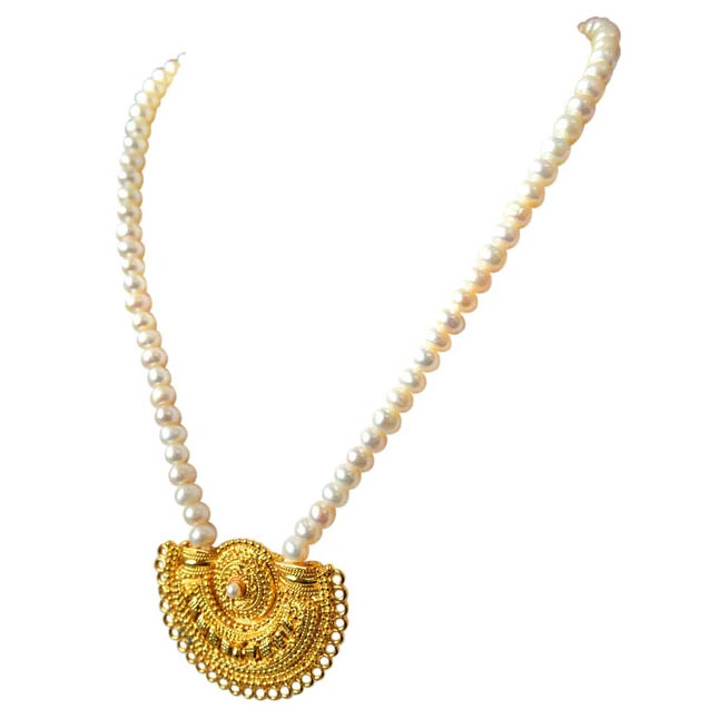 Gateway of Women's Heart - Gold Plated Pendant & Single Line Real Pearl Necklace with Kuda Jodi Earrings for Women (SN721)