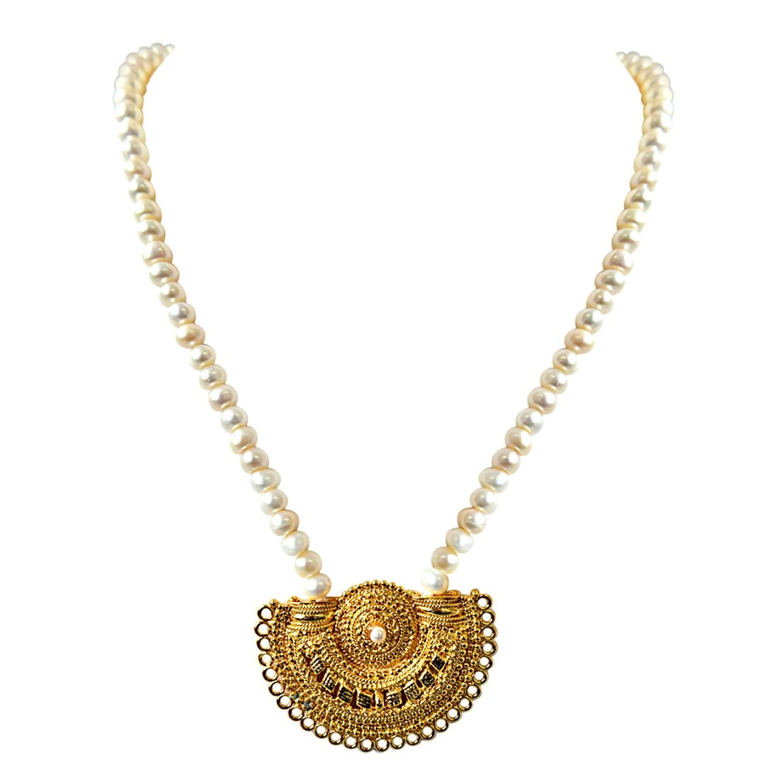 Gateway of Women's Heart - Gold Plated Pendant & Single Line Real Pearl Necklace with Kuda Jodi Earrings for Women (SN721)