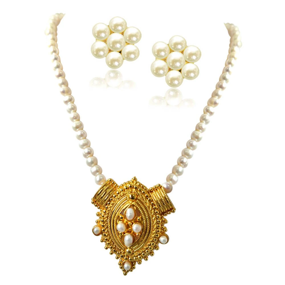 Princess Neck Pride - Gold Plated Pendant & Single Line Real Pearl Necklace with Kuda Jodi Earrings for Women (SN722)