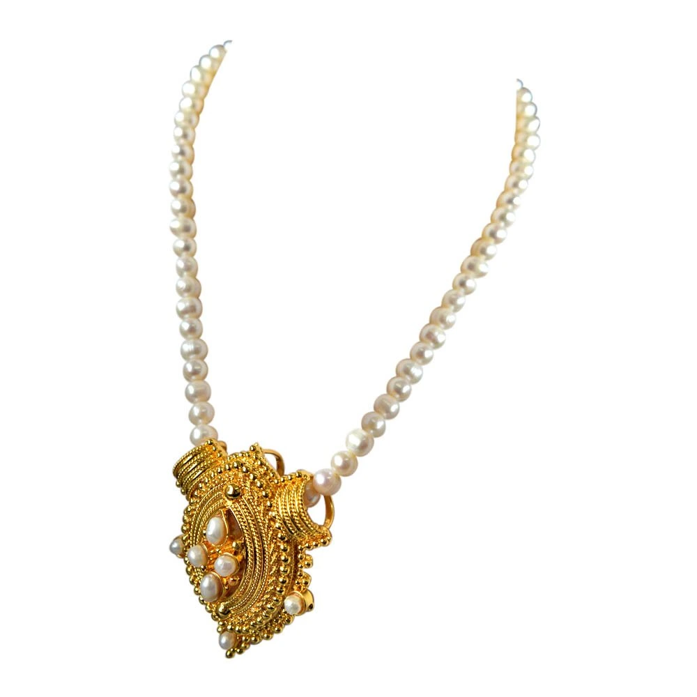 Princess Neck Pride - Gold Plated Pendant & Single Line Real Pearl Necklace with Kuda Jodi Earrings for Women (SN722)