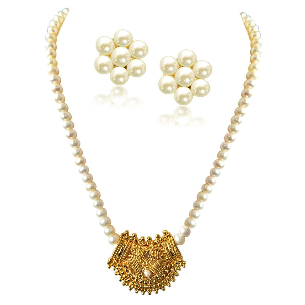 Mohini - Gold Plated Pendant & Single Line Real Pearl Necklace Earrings Set for Women (SN723)