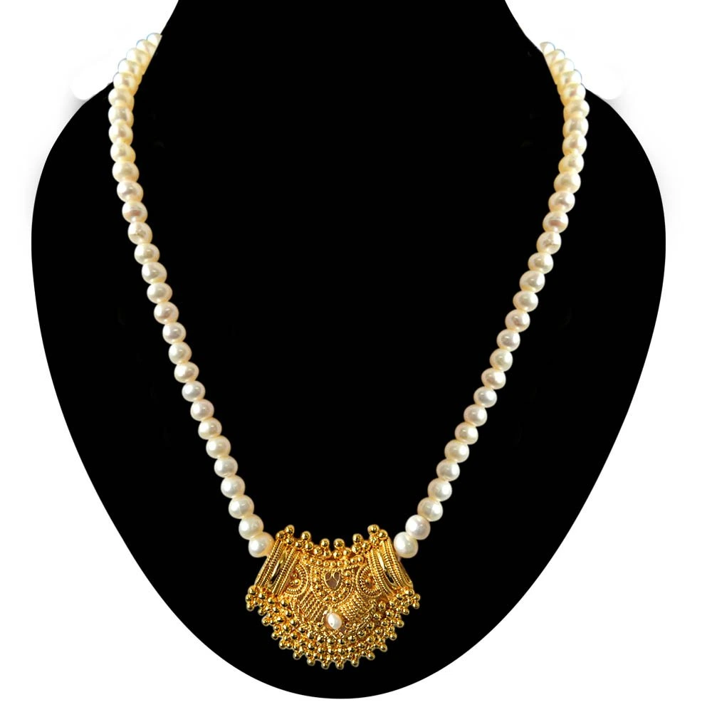 Mohini - Gold Plated Pendant & Single Line Real Pearl Necklace Earrings Set for Women (SN723)