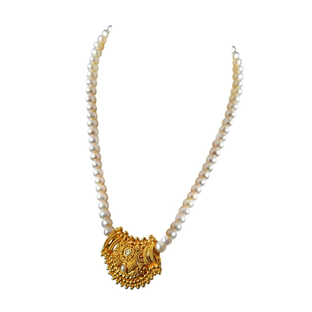 Mohini - Gold Plated Pendant & Single Line Real Pearl Necklace Earrings Set for Women (SN723)