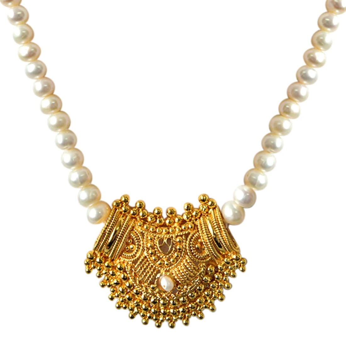 Mohini - Gold Plated Pendant & Single Line Real Pearl Necklace Earrings Set for Women (SN723)