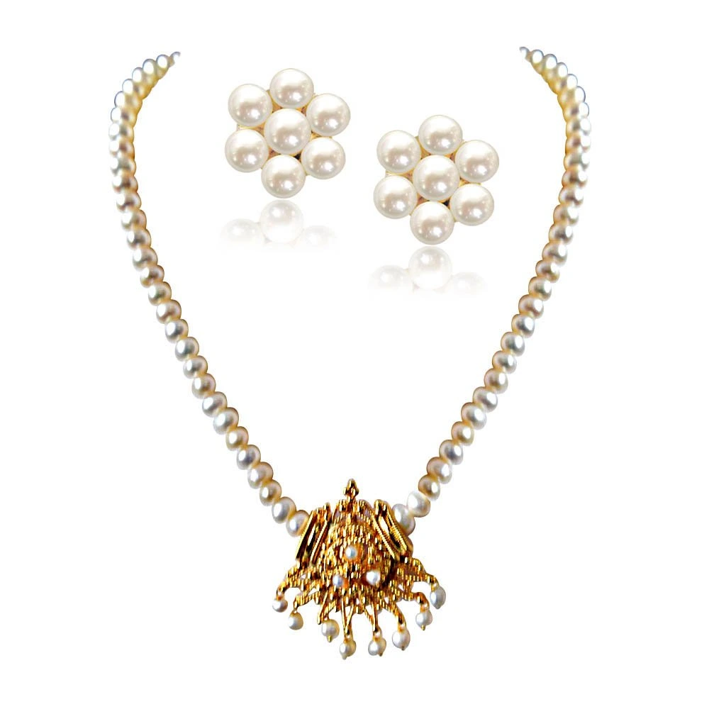 Aparna - Gold Plated Pendant & Single Line Real Pearl Necklace with Kuda Jodi Earrings for Women (SN724)