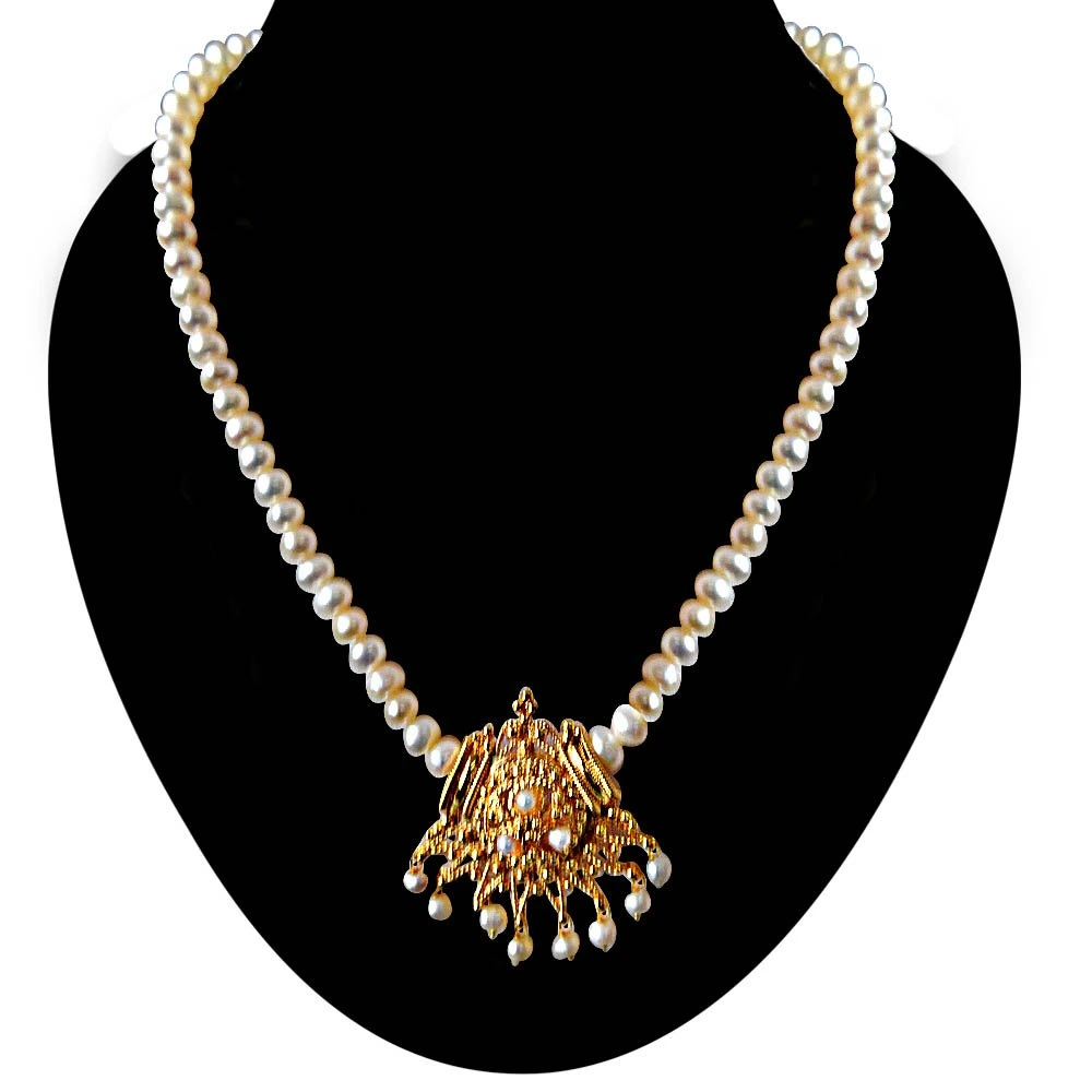 Aparna - Gold Plated Pendant & Single Line Real Pearl Necklace with Kuda Jodi Earrings for Women (SN724)