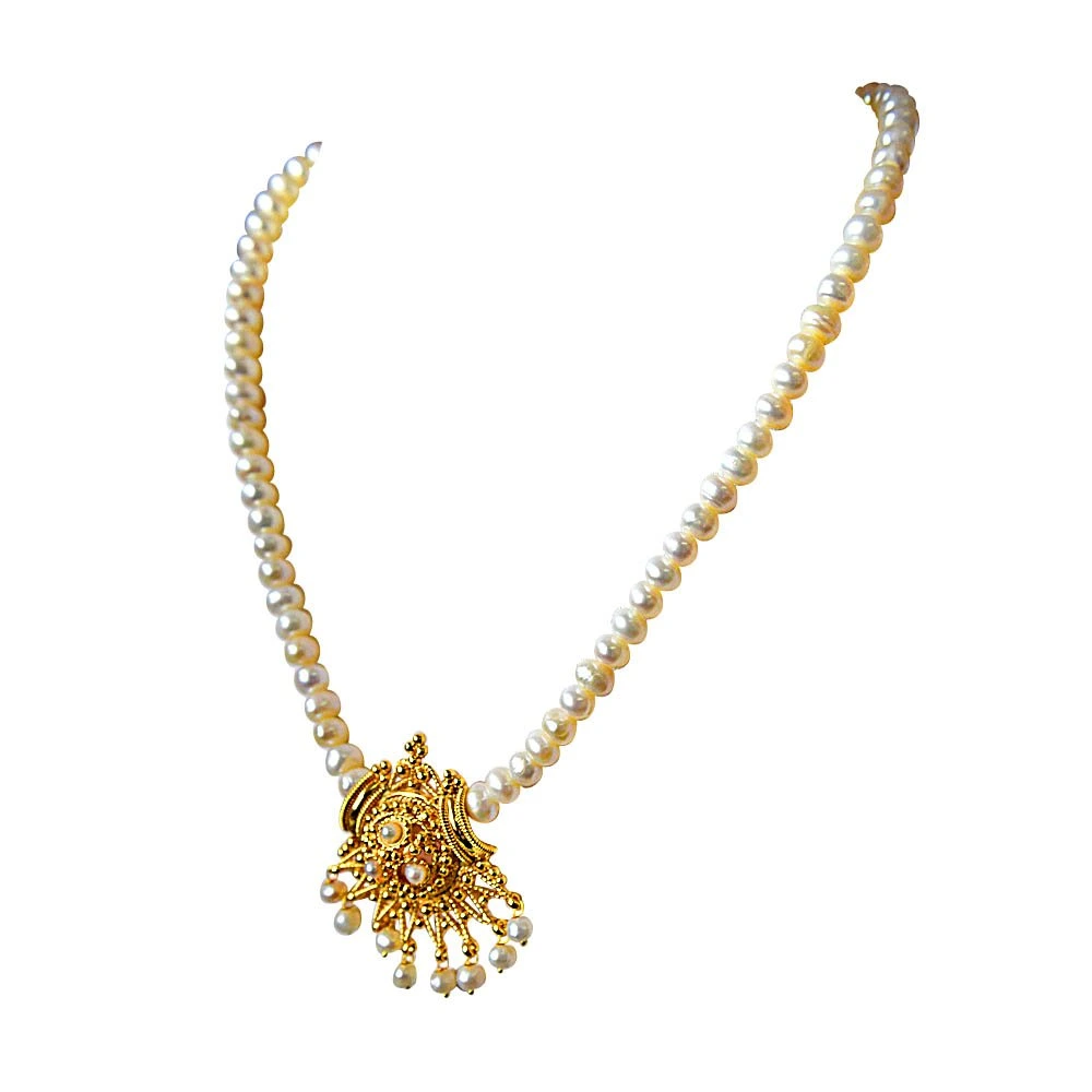 Aparna - Gold Plated Pendant & Single Line Real Pearl Necklace with Kuda Jodi Earrings for Women (SN724)