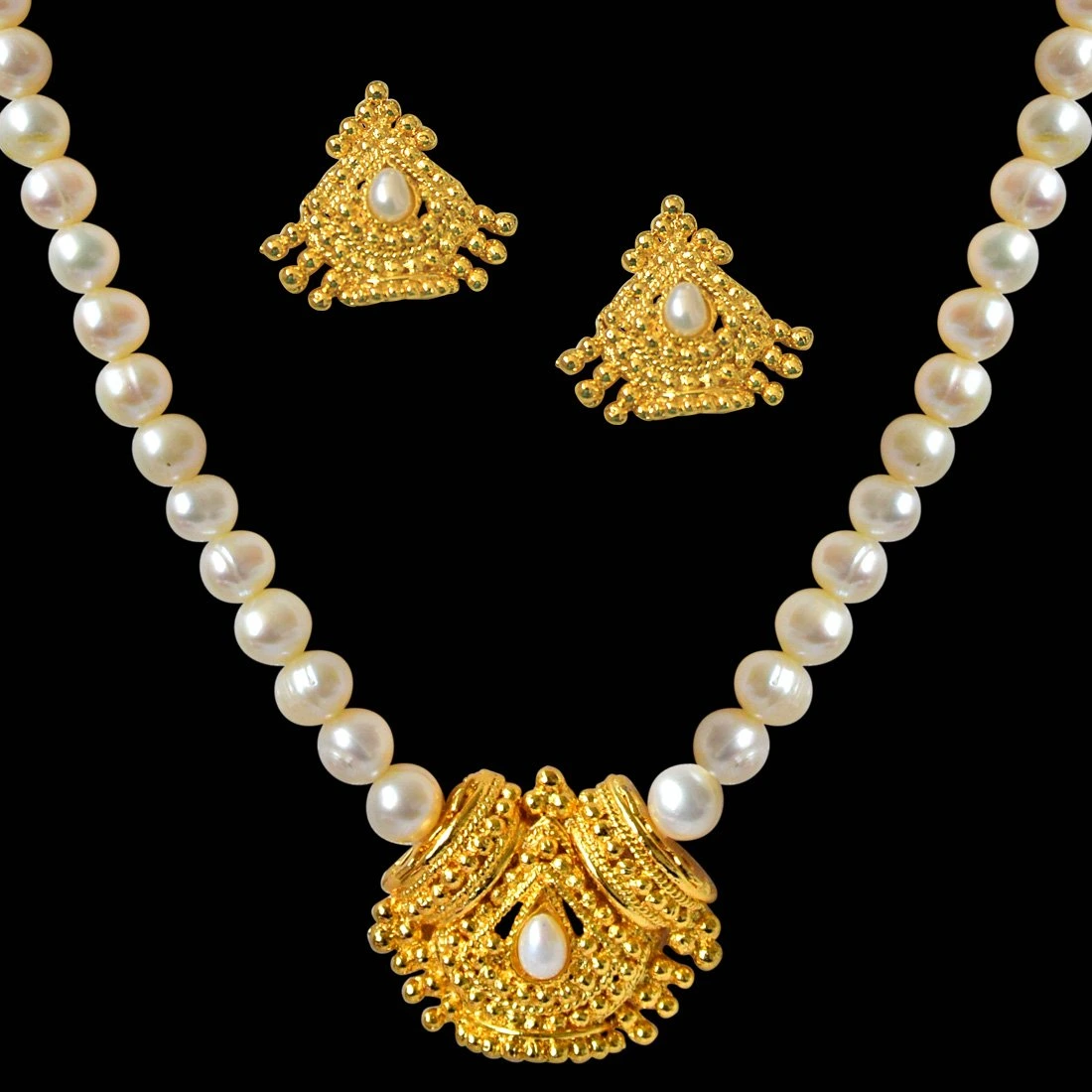 Temple Design Gold Plated Pendant & Single Line Pearl Necklace Earrings Set For Women (SN726)