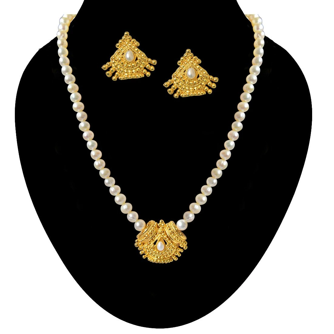 Temple Design Gold Plated Pendant & Single Line Pearl Necklace Earrings Set For Women (SN726)