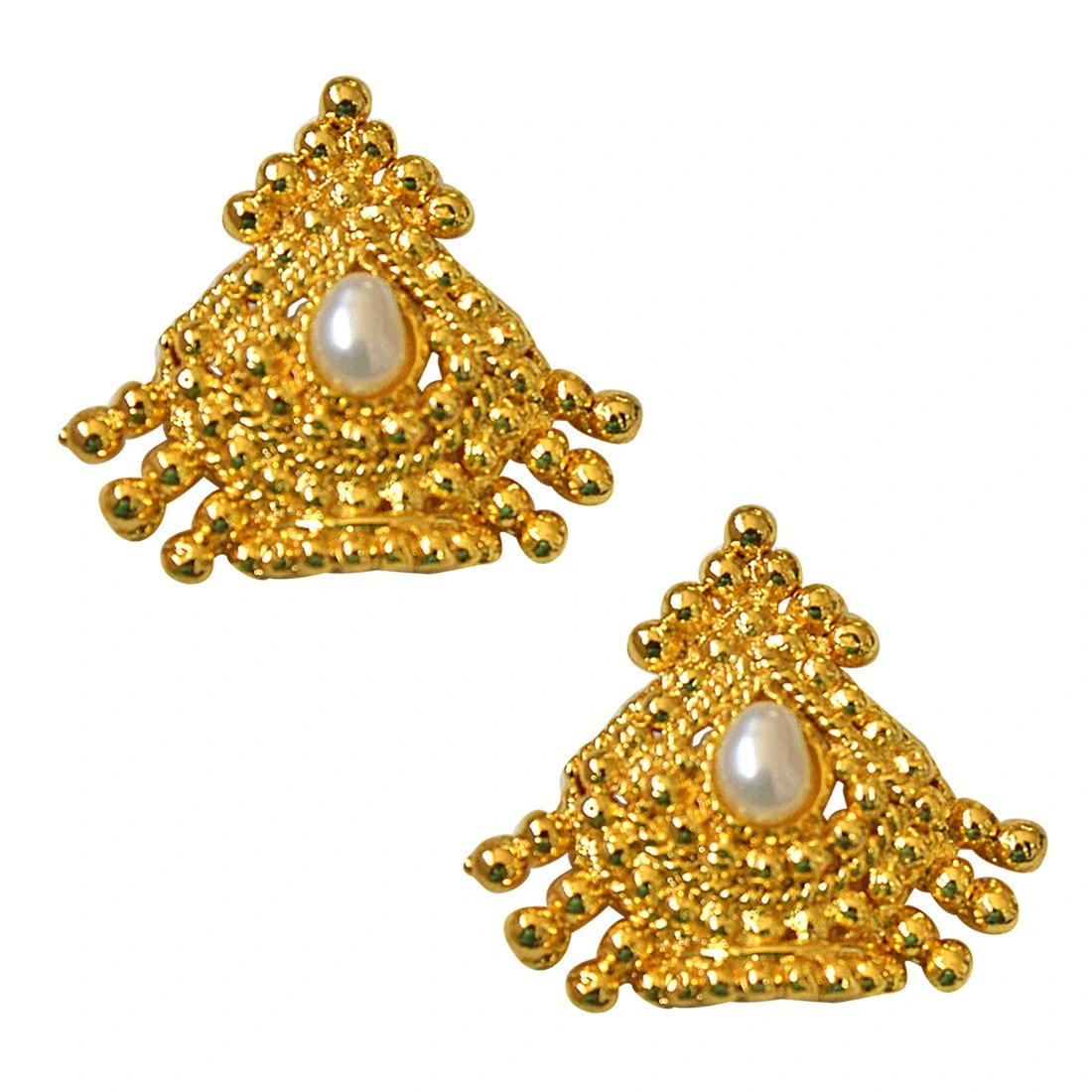 Temple Design Gold Plated Pendant & Single Line Pearl Necklace Earrings Set For Women (SN726)