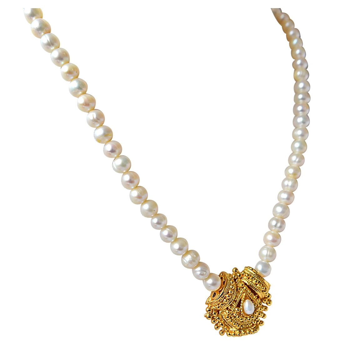 Temple Design Gold Plated Pendant & Single Line Pearl Necklace Earrings Set For Women (SN726)