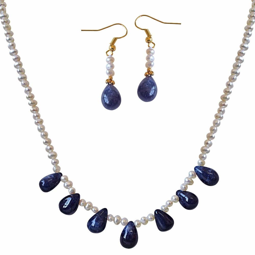 42cts Real Drop Blue Sapphire and Freshwater Pearl Necklace and Earring Set for Women (SN742)